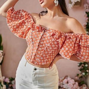 Off shoulder orange floral crop top